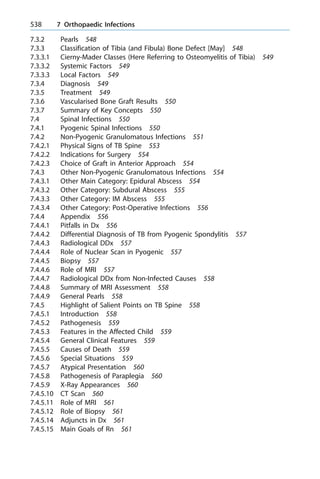 7.3.2 Pearls 548
7.3.3 Classification of Tibia (and Fibula) Bone Defect [May] 548
7.3.3.1 Cierny-Mader Classes (Here Referring to Osteomyelitis of Tibia) 549
7.3.3.2 Systemic Factors 549
7.3.3.3 Local Factors 549
7.3.4 Diagnosis 549
7.3.5 Treatment 549
7.3.6 Vascularised Bone Graft Results 550
7.3.7 Summary of Key Concepts 550
7.4 Spinal Infections 550
7.4.1 Pyogenic Spinal Infections 550
7.4.2 Non-Pyogenic Granulomatous Infections 551
7.4.2.1 Physical Signs of TB Spine 553
7.4.2.2 Indications for Surgery 554
7.4.2.3 Choice of Graft in Anterior Approach 554
7.4.3 Other Non-Pyogenic Granulomatous Infections 554
7.4.3.1 Other Main Category: Epidural Abscess 554
7.4.3.2 Other Category: Subdural Abscess 555
7.4.3.3 Other Category: IM Abscess 555
7.4.3.4 Other Category: Post-Operative Infections 556
7.4.4 Appendix 556
7.4.4.1 Pitfalls in Dx 556
7.4.4.2 Differential Diagnosis of TB from Pyogenic Spondylitis 557
7.4.4.3 Radiological DDx 557
7.4.4.4 Role of Nuclear Scan in Pyogenic 557
7.4.4.5 Biopsy 557
7.4.4.6 Role of MRI 557
7.4.4.7 Radiological DDx from Non-Infected Causes 558
7.4.4.8 Summary of MRI Assessment 558
7.4.4.9 General Pearls 558
7.4.5 Highlight of Salient Points on TB Spine 558
7.4.5.1 Introduction 558
7.4.5.2 Pathogenesis 559
7.4.5.3 Features in the Affected Child 559
7.4.5.4 General Clinical Features 559
7.4.5.5 Causes of Death 559
7.4.5.6 Special Situations 559
7.4.5.7 Atypical Presentation 560
7.4.5.8 Pathogenesis of Paraplegia 560
7.4.5.9 X-Ray Appearances 560
7.4.5.10 CT Scan 560
7.4.5.11 Role of MRI 561
7.4.5.12 Role of Biopsy 561
7.4.5.14 Adjuncts in Dx 561
7.4.5.15 Main Goals of Rn 561
538 7 Orthopaedic Infections
 