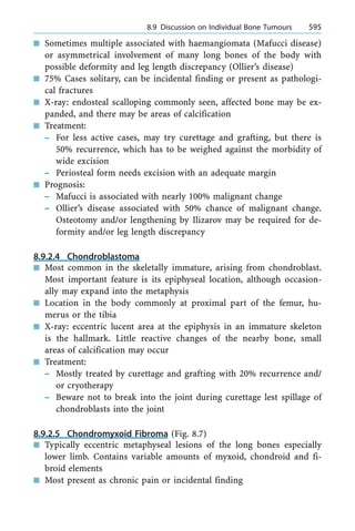 n Sometimes multiple associated with haemangiomata (Mafucci disease)
or asymmetrical involvement of many long bones of the body with
possible deformity and leg length discrepancy (Ollier's disease)
n 75% Cases solitary, can be incidental finding or present as pathologi-
cal fractures
n X-ray: endosteal scalloping commonly seen, affected bone may be ex-
panded, and there may be areas of calcification
n Treatment:
± For less active cases, may try curettage and grafting, but there is
50% recurrence, which has to be weighed against the morbidity of
wide excision
± Periosteal form needs excision with an adequate margin
n Prognosis:
± Mafucci is associated with nearly 100% malignant change
± Ollier's disease associated with 50% chance of malignant change.
Osteotomy and/or lengthening by Ilizarov may be required for de-
formity and/or leg length discrepancy
8.9.2.4 Chondroblastoma
n Most common in the skeletally immature, arising from chondroblast.
Most important feature is its epiphyseal location, although occasion-
ally may expand into the metaphysis
n Location in the body commonly at proximal part of the femur, hu-
merus or the tibia
n X-ray: eccentric lucent area at the epiphysis in an immature skeleton
is the hallmark. Little reactive changes of the nearby bone, small
areas of calcification may occur
n Treatment:
± Mostly treated by curettage and grafting with 20% recurrence and/
or cryotherapy
± Beware not to break into the joint during curettage lest spillage of
chondroblasts into the joint
8.9.2.5 Chondromyxoid Fibroma (Fig. 8.7)
n Typically eccentric metaphyseal lesions of the long bones especially
lower limb. Contains variable amounts of myxoid, chondroid and fi-
broid elements
n Most present as chronic pain or incidental finding
a 8.9 Discussion on Individual Bone Tumours 595
 