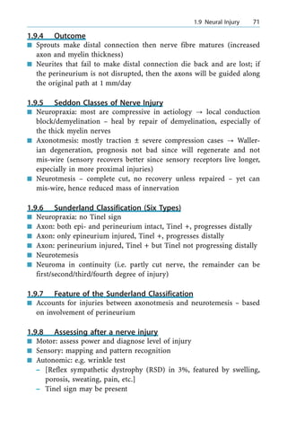 1.9.4 Outcome
n Sprouts make distal connection then nerve fibre matures (increased
axon and myelin thickness)
n Neurites that fail to make distal connection die back and are lost; if
the perineurium is not disrupted, then the axons will be guided along
the original path at 1 mm/day
1.9.5 Seddon Classes of Nerve Injury
n Neuropraxia: most are compressive in aetiology ? local conduction
block/demyelination ± heal by repair of demyelination, especially of
the thick myelin nerves
n Axonotmesis: mostly traction Ô severe compression cases ? Waller-
ian degeneration, prognosis not bad since will regenerate and not
mis-wire (sensory recovers better since sensory receptors live longer,
especially in more proximal injuries)
n Neurotmesis ± complete cut, no recovery unless repaired ± yet can
mis-wire, hence reduced mass of innervation
1.9.6 Sunderland Classification (Six Types)
n Neuropraxia: no Tinel sign
n Axon: both epi- and perineurium intact, Tinel +, progresses distally
n Axon: only epineurium injured, Tinel +, progresses distally
n Axon: perineurium injured, Tinel + but Tinel not progressing distally
n Neurotemesis
n Neuroma in continuity (i.e. partly cut nerve, the remainder can be
first/second/third/fourth degree of injury)
1.9.7 Feature of the Sunderland Classification
n Accounts for injuries between axonotmesis and neurotemesis ± based
on involvement of perineurium
1.9.8 Assessing after a nerve injury
n Motor: assess power and diagnose level of injury
n Sensory: mapping and pattern recognition
n Autonomic: e.g. wrinkle test
± [Reflex sympathetic dystrophy (RSD) in 3%, featured by swelling,
porosis, sweating, pain, etc.]
± Tinel sign may be present
a 1.9 Neural Injury 71
 