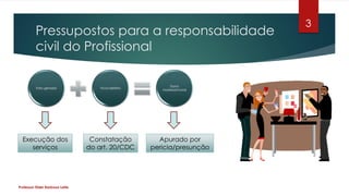 Pressupostos para a responsabilidade
civil do Profissional
Professor Elder Barbosa Leite
3
Fato gerador Vício/defeito
Dano
material/moral
Execução dos
serviços
Constatação
do art. 20/CDC
Apurado por
pericia/presunção
 