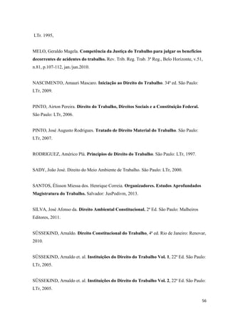 56 
LTr. 1995, 
MELO, Geraldo Magela. Competência da Justiça do Trabalho para julgar os benefícios decorrentes de acidentes do trabalho. Rev. Trib. Reg. Trab. 3ª Reg., Belo Horizonte, v.51, n.81, p.107-112, jan./jun.2010. 
NASCIMENTO, Amauri Mascaro. Iniciação ao Direito do Trabalho. 34ª ed. São Paulo: LTr, 2009. 
PINTO, Airton Pereira. Direito do Trabalho, Direitos Sociais e a Constituição Federal. São Paulo: LTr, 2006. 
PINTO, José Augusto Rodrigues. Tratado de Direito Material do Trabalho. São Paulo: LTr, 2007. 
RODRIGUEZ, Américo Plá. Princípios de Direito do Trabalho. São Paulo: LTr, 1997. 
SADY, João José. Direito do Meio Ambiente de Trabalho. São Paulo: LTr, 2000. 
SANTOS, Élisson Miessa dos. Henrique Correia. Organizadores. Estudos Aprofundados Magistratura do Trabalho. Salvador: JusPodivm, 2013. 
SILVA, José Afonso da. Direito Ambiental Constitucional. 2ª Ed. São Paulo: Malheiros Editores, 2011. 
SÜSSEKIND, Arnaldo. Direito Constitucional do Trabalho, 4ª ed. Rio de Janeiro: Renovar, 2010. 
SÜSSEKIND, Arnaldo et. al. Instituições do Direito do Trabalho Vol. 1, 22ª Ed. São Paulo: LTr, 2005. 
SÜSSEKIND, Arnaldo et. al. Instituições do Direito do Trabalho Vol. 2, 22ª Ed. São Paulo: LTr, 2005. 