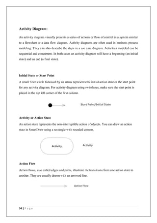 34 | P a g e
Activity Diagram:
An activity diagram visually presents a series of actions or flow of control in a system similar
to a flowchart or a data flow diagram. Activity diagrams are often used in business process
modeling. They can also describe the steps in a use case diagram. Activities modeled can be
sequential and concurrent. In both cases an activity diagram will have a beginning (an initial
state) and an end (a final state).
Initial State or Start Point
A small filled circle followed by an arrow represents the initial action state or the start point
for any activity diagram. For activity diagram using swimlanes, make sure the start point is
placed in the top left corner of the first column.
Activity or Action State
An action state represents the non-interruptible action of objects. You can draw an action
state in SmartDraw using a rectangle with rounded corners.
Action Flow
Action flows, also called edges and paths, illustrate the transitions from one action state to
another. They are usually drawn with an arrowed line.
 