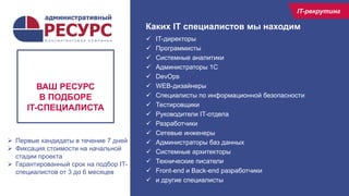 12
 IT-директоры
 Программисты
 Системные аналитики
 Администраторы 1С
 DevOps
 WEB-дизайнеры
 Специалисты по информационной безопасности
 Тестировщики
 Руководители IT-отдела
 Разработчики
 Сетевые инженеры
 Администраторы баз данных
 Системные архитекторы
 Технические писатели
 Front-end и Back-end разработчики
 и другие специалисты
ВАШ РЕСУРС
В ПОДБОРЕ
IT-СПЕЦИАЛИСТА
IT-Рекрутинг
IT-рекрутинг
 Первые кандидаты в течение 7 дней
 Фиксация стоимости на начальной
стадии проекта
 Гарантированный срок на подбор IT-
специалистов от 3 до 6 месяцев
Каких IT специалистов мы находим
 