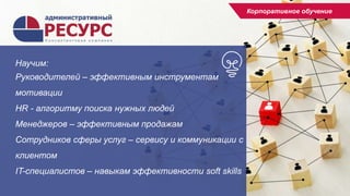 Корпоративное обучение
Научим:
Руководителей – эффективным инструментам
мотивации
HR - алгоритму поиска нужных людей
Менеджеров – эффективным продажам
Сотрудников сферы услуг – сервису и коммуникации с
клиентом
IT-специалистов – навыкам эффективности soft skills
 