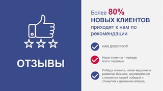 Более 80%
НОВЫХ КЛИЕНТОВ
приходят к нам по
рекомендации
ОТЗЫВЫ
НАМ ДОВЕРЯЮТ!
Наши клиенты – прежде
всего партнеры.
Победа клиента, новая вершина в
развитии бизнеса, одновременно
становится нашей победой и
стимулом к движению вперед.
 