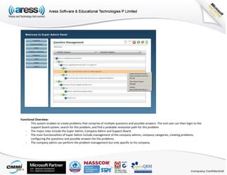 Functional Overview:
- This system enables to create problems that comprise of multiple questions and possible answers. The end user can then login to the
support board system, search for this problem, and find a probable resolution path for this problem.
- The major roles include the Super Admin, Company Admin and Support Board.
- The main functionalities of Super Admin include management of the company admins, company categories, creating problems,
configuring the questions and possible answers for the problems.
- The company admin can perform the problem management but only specific to his company.
 