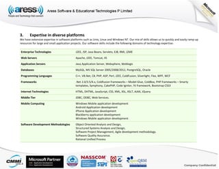 3. Expertise in diverse platforms
We have extensive expertise in software platforms such as Unix, Linux and Windows NT. Our mix of skills allows us to quickly and easily ramp-up
resources for large and small application projects. Our software skills include the following domains of technology expertise:
Enterprise Technologies J2EE, JSP, Java Beans, Servlets, EJB, RMI, J2ME
Web Servers Apache, J2EE, Tomcat, IIS
Application Servers Java Application Server, Websphere, Weblogic
Databases MySQL, MS SQL Server 2005/2008/2012, PostgreSQL, Oracle
Programming Languages C++, VB.Net, C#, PHP, ASP, Perl, J2EE, ColdFusion, Silverlight, Flex, WPF, WCF
Frameworks .Net 2.0/3.5/4.x, Coldfusion frameworks – Model-Glue, ColdBox, PHP frameworks – Smarty
templates, Symphony, CakePHP, Code Ignitor, Yii framework, Bootstrap CSS3
Internet Technologies HTML, DHTML, JavaScript, CSS, XML, XSL, XSLT, AJAX, JQuery
Middle Tier JDBC, ODBC, Web Services.
Mobile Computing Windows Mobile application development
Android Application development
iPhone Application development
Blackberry application development
Windows Mobile application development
Software Development Methodologies Object Oriented Analysis and Design,
Structured Systems Analysis and Design,
Software Project Management, Agile development methodology.
Software Quality Assurance.
Rational Unified Process
 