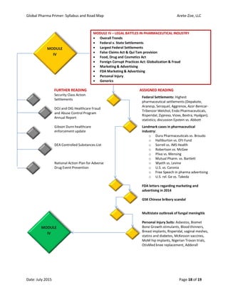 Global Pharma Primer: Syllabus and Road Map Arete-Zoe, LLC
Date: July 2015 Page 18 of 19
MODULE IV – LEGAL BATTLES IN PHARMACEUTICAL INDUSTRY
 Overall Trends
 Federal v. State Settlements
 Largest Federal Settlements
 False Claims Act & Qui Tam provision
 Food, Drug and Cosmetics Act
 Foreign Corrupt Practices Act: Globalization & Fraud
 Marketing & Advertising
 FDA Marketing & Advertising
 Personal Injury
 Generics
FURTHER READING ASSIGNED READING
Security Class Action
Settlements
DOJ and OIG Healthcare Fraud
and Abuse Control Program
Annual Report
Federal Settlements: Highest
pharmaceutical settlements (Depakote,
Aranesp, Seroquel, Aggrenox, Azor-Benicar-
Tribenzor-Welchol, Endo Pharmaceuticals,
Risperidal, Zyprexa, Vioxx, Bextra, Hyalgan);
statistics; discussion Epstein vs. Abbott
Gibson Dunn healthcare
enforcement update
DEA Controlled Substances List
National Action Plan for Adverse
Drug Event Prevention
Landmark cases in pharmaceutical
industry:
o Dura Pharmaceuticals vs. Broudo
o Halliburton vs. EPJ Fund
o Sorrell vs. IMS Health
o Robertson vs. McGee
o Pliva vs. Mensing
o Mutual Pharm. vs. Bartlett
o Wyeth vs. Levine
o U.S. vs. Caronia
o Free Speech in pharma advertising
o U.S. rel. Ge vs. Takeda
FDA letters regarding marketing and
advertising in 2014
GSK Chinese bribery scandal
Multistate outbreak of fungal meningitis
Personal Injury Suits: Asbestos, Biomet
Bone Growth stimulants, Blood thinners,
Breast implants, Risperidal, vaginal meshes,
statins and diabetes, McKesson vaccines,
MoM hip implants, Nigerian Trovan trials,
OtisMed knee replacement, Adderall
MODULE
IV
MODULE
IV
 