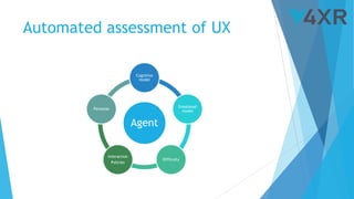 Automated assessment of UX
Agent
Cognitive
model
Emotional
model
Difficulty
Interaction
Policies
Personas
 