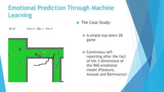 Emotional Prediction Through Machine
Learning
 The Case Study:
 A simple top-down 2D
game
 Continuous self-
reporting after the fact
of the 3 dimensions of
the PAD emotional
model (Pleasure,
Arousal and Dominance)
 