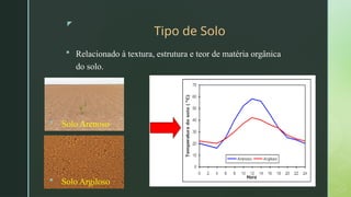 z
Tipo de Solo
 Relacionado à textura, estrutura e teor de matéria orgânica
do solo.
 Solo Arenoso
 Solo Argiloso
 