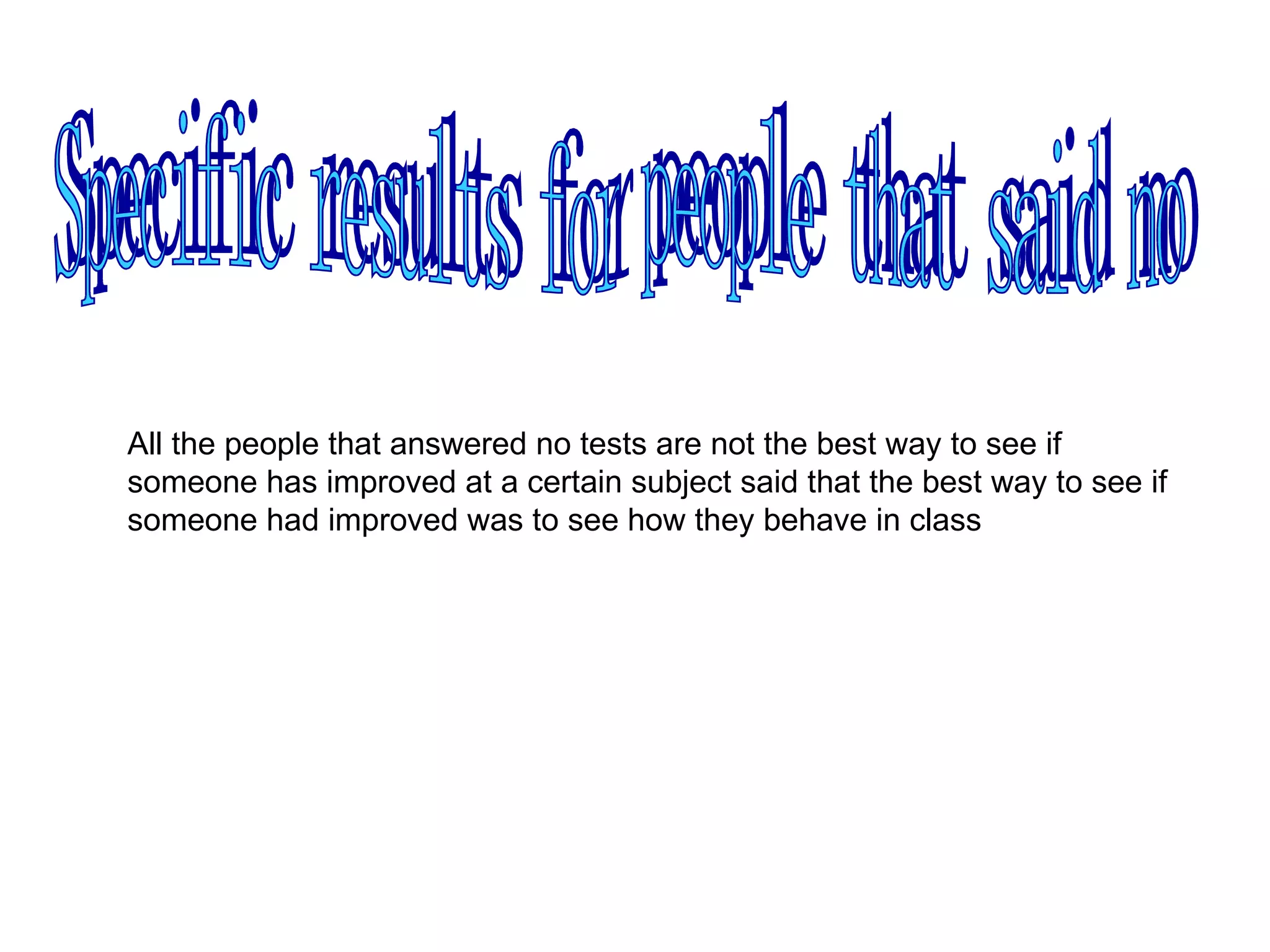 Specific results for people that said no All the people that answered no tests are not the best way to see if someone has improved at a certain subject said that the best way to see if someone had improved was to see how they behave in class 