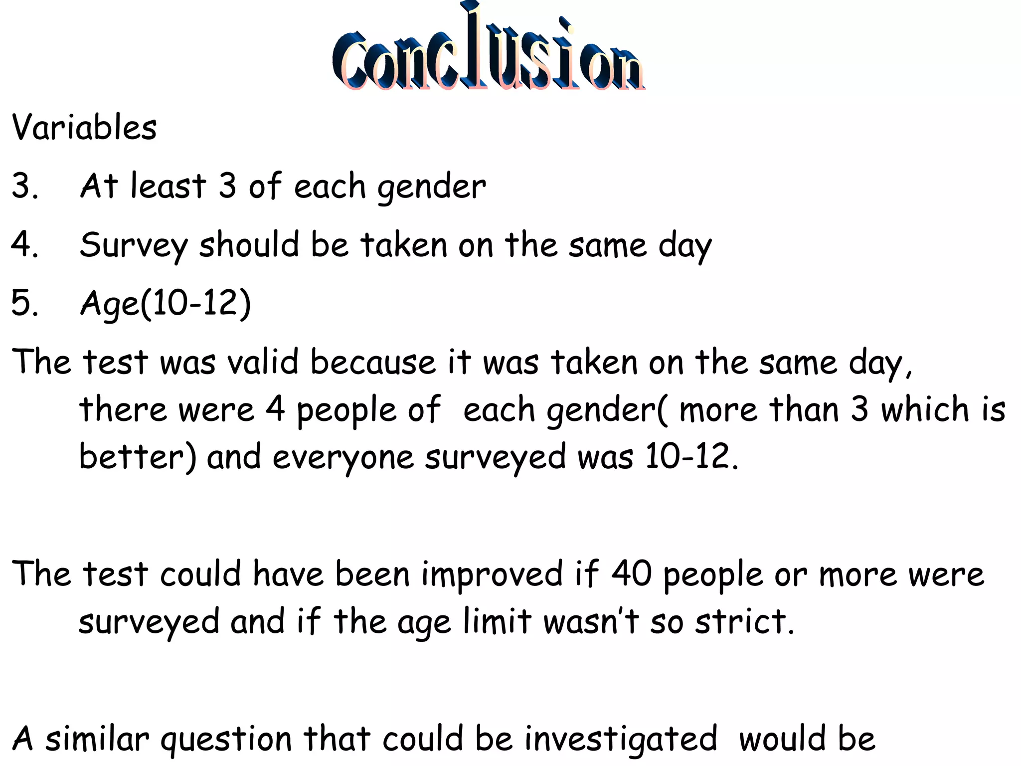 Variables At least 3 of each gender Survey should be taken on the same day Age(10-12) The test was valid because it was taken on the same day, there were 4 people of  each gender( more than 3 which is better) and everyone surveyed was 10-12. The test could have been improved if 40 people or more were surveyed and if the age limit wasn’t so strict. A similar question that could be investigated  would be SHOULD WE HAVE SOMEHTING REPLACE TESTS? Conclusion 