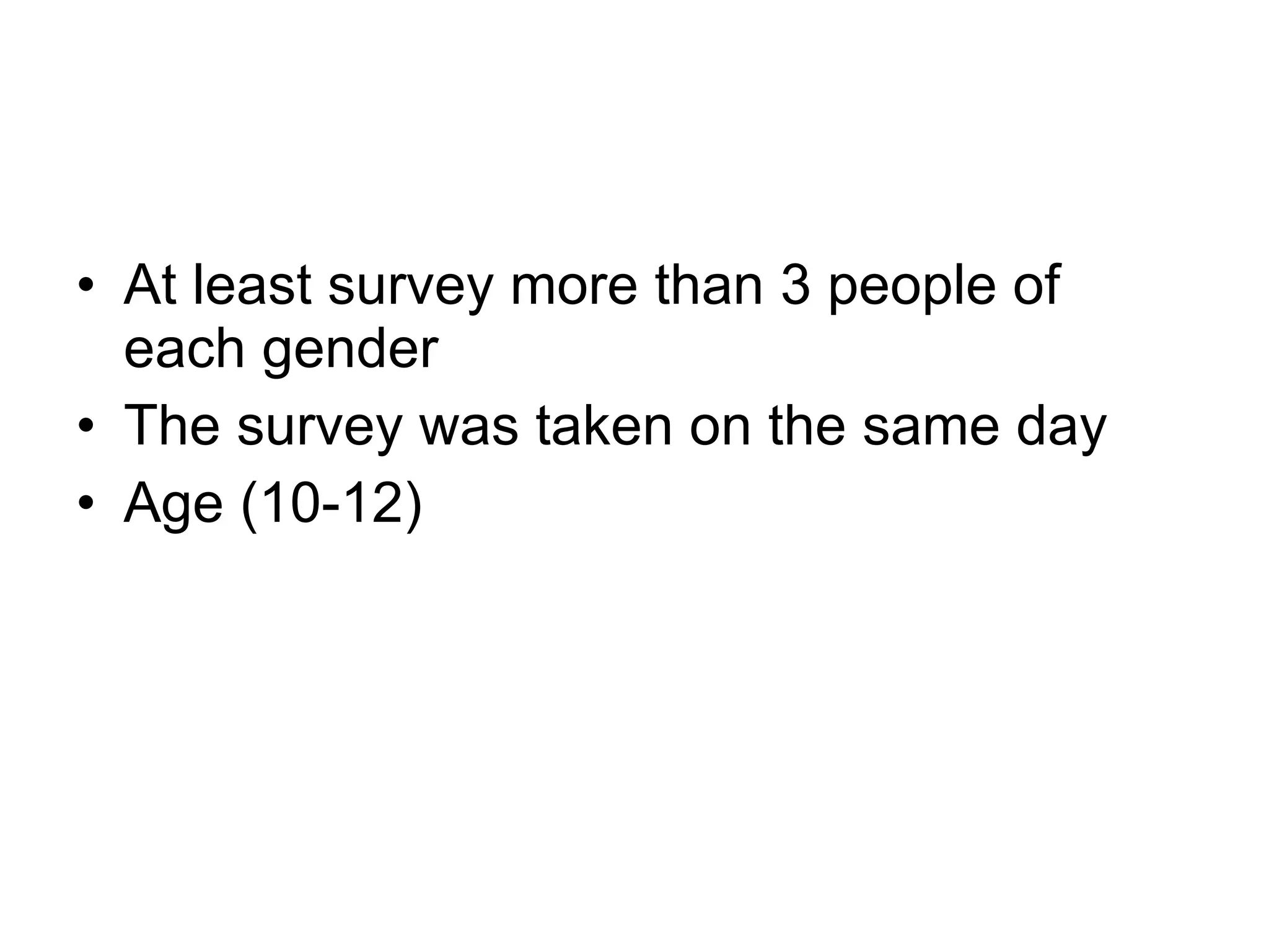 At least survey more than 3 people of each gender The survey was taken on the same day  Age (10-12) 