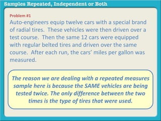 Problem #1 
Auto-engineers equip twelve cars with a special brand 
of radial tires. These vehicles were then driven over a 
test course. Then the same 12 cars were equipped 
with regular belted tires and driven over the same 
course. After each run, the cars’ miles per gallon was 
measured. 
The reason we are dealing with a repeated measures 
sample here is because the SAME vehicles are being 
tested twice. The only difference between the two 
A. independent samples 
B. repeated measures 
times is the type of tires that were used. 
 