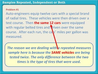 Problem #1 
Auto-engineers equip twelve cars with a special brand 
of radial tires. These vehicles were then driven over a 
test course. Then the same 12 cars were equipped 
with regular belted tires and driven over the same 
course. After each run, the cars’ miles per gallon was 
measured. 
The reason we are dealing with a repeated measures 
sample here is because the SAME vehicles are being 
tested twice. The only difference between the two 
A. independent samples 
B. repeated measures 
times is the type of tires that were used. 
 