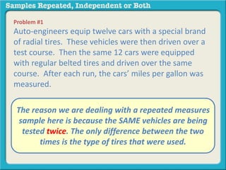 Problem #1 
Auto-engineers equip twelve cars with a special brand 
of radial tires. These vehicles were then driven over a 
test course. Then the same 12 cars were equipped 
with regular belted tires and driven over the same 
course. After each run, the cars’ miles per gallon was 
measured. 
The reason we are dealing with a repeated measures 
sample here is because the SAME vehicles are being 
tested twice. The only difference between the two 
A. independent samples 
B. repeated measures 
times is the type of tires that were used. 
 
