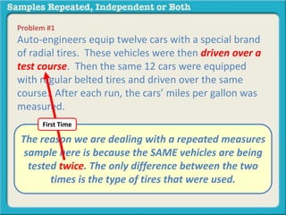 Problem #1 
Auto-engineers equip twelve cars with a special brand 
of radial tires. These vehicles were then driven over a 
test course. Then the same 12 cars were equipped 
with regular belted tires and driven over the same 
course. After each run, the cars’ miles per gallon was 
measured. 
First Time 
The reason we are dealing with a repeated measures 
sample here is because the SAME vehicles are being 
tested twice. The only difference between the two 
A. independent samples 
B. repeated measures 
times is the type of tires that were used. 
 