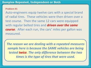Problem #1 
Auto-engineers equip twelve cars with a special brand 
of radial tires. These vehicles were then driven over a 
test course. Then the same 12 cars were equipped 
with regular belted tires and driven over the same 
course. After each run, the cars’ miles per gallon was 
measured. 
The reason we are dealing with a repeated measures 
sample here is because the SAME vehicles are being 
tested twice. The only difference between the two 
A. independent samples 
B. repeated measures 
times is the type of tires that were used. 
 
