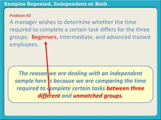 Problem #2 
A manager wishes to determine whether the time 
required to complete a certain task differs for the three 
groups: Beginners, intermediate, and advanced trained 
employees. 
A. The independent reason we are samples 
dealing with an independent 
sample B. repeated here is measures 
because we are comparing the time 
required to complete certain tasks between three 
different and unmatched groups. 
 