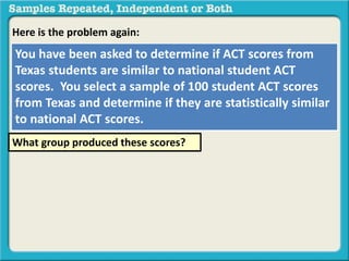 Here is the problem again: 
You have been asked to determine if ACT scores from 
Texas students are similar to national student ACT 
scores. You select a sample of 100 student ACT scores 
from Texas and determine if they are statistically similar 
to national ACT scores. 
What group produced these scores? 
 