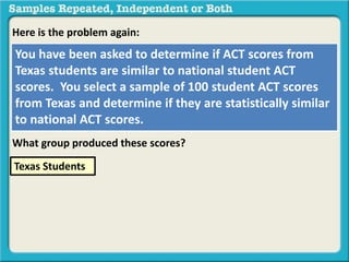 Here is the problem again: 
You have been asked to determine if ACT scores from 
Texas students are similar to national student ACT 
scores. You select a sample of 100 student ACT scores 
from Texas and determine if they are statistically similar 
to national ACT scores. 
What group produced these scores? 
Texas Students 
 