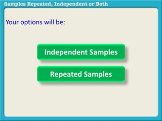 Your options will be: 
Independent Samples 
Repeated Samples 
 