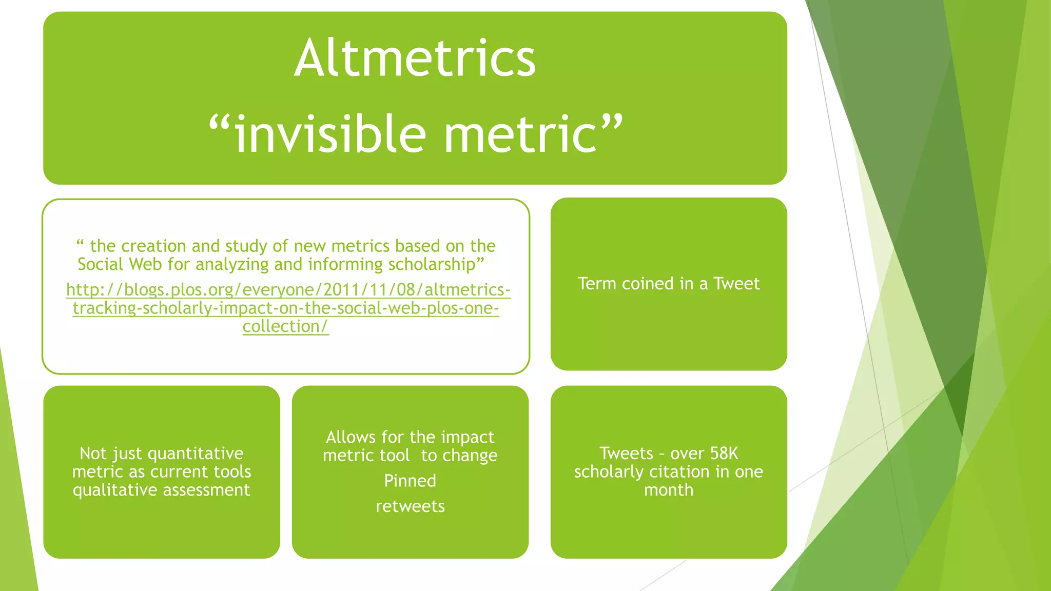 Altmetrics
“invisible metric”
“ the creation and study of new metrics based on the
Social Web for analyzing and informing scholarship””
http://blogs.plos.org/everyone/2011/11/08/altmetrics-
tracking-scholarly-impact-on-the-social-web-plos-one-
collection/
Not just quantitative
metric as current tools
qualitative assessment
Allows for the impact
metric tool to change
Pinned
retweets
Term coined in a Tweet
Tweets – over 58K
scholarly citation in one
month