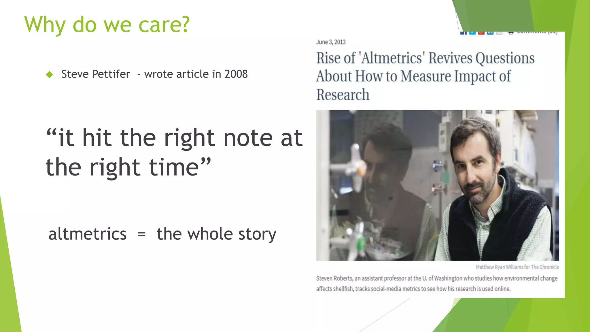 Why do we care?
Steve Pettifer - wrote article in 2008
“it hit the right note at
the right time”
altmetrics = the whole story