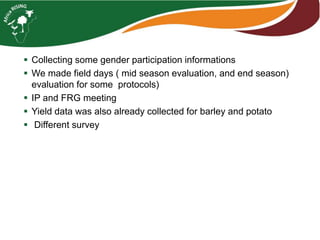  Collecting some gender participation informations 
 We made field days ( mid season evaluation, and end season) 
evaluation for some protocols) 
 IP and FRG meeting 
 Yield data was also already collected for barley and potato 
 Different survey 
 