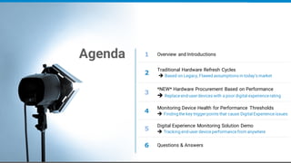 Agenda 1 Overview and Introductions
2
Traditional Hardware Refresh Cycles
➔ Based on Legacy, Flawed assumptions in today’s market
3
*NEW* Hardware Procurement Based on Performance
➔ Replace end-userdevices with a poor digital experience rating
4
Monitoring Device Health for Performance Thresholds
➔ Findingthe key triggerpoints that cause Digital Experience issues
5
Digital Experience Monitoring Solution Demo
➔ Tracking end-user device performance from anywhere
6 Questions & Answers
 