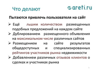  Ещё льшим количеством размещенных
подобных предложений на каждом сайте
 Дублированием размещенного объявления
на максимальном числе различных сайтов
 Размещением на сайте результатов
общедоступных и специализированных
рейтингов участников рынка недвижимости
 Добавлением различных отзывов клиентов о
сделках и участниках рынка
5
Что делают
Пытаются привлечь пользователя на сайт
 