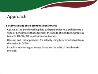 Approach
Bio-physical and socio-economic benchmarks
 Collate all the benchmarking data gathered under RC1 and develop a
 suite of benchmarks that addresses the needs of monitoring progress
 towards AR-EH / FtF development outcomes.
 Develop and test approaches for actively using benchmarks to inform
 discussion in CKEGs.
 Establish monitoring processes based on the suite of benchmarks
 selected.
 