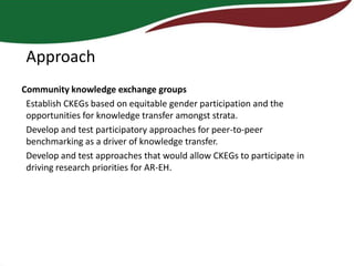 Approach
Community knowledge exchange groups
 Establish CKEGs based on equitable gender participation and the
 opportunities for knowledge transfer amongst strata.
 Develop and test participatory approaches for peer-to-peer
 benchmarking as a driver of knowledge transfer.
 Develop and test approaches that would allow CKEGs to participate in
 driving research priorities for AR-EH.
 