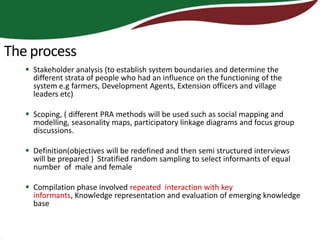 The process
    Stakeholder analysis (to establish system boundaries and determine the
     different strata of people who had an influence on the functioning of the
     system e.g farmers, Development Agents, Extension officers and village
     leaders etc)

    Scoping, ( different PRA methods will be used such as social mapping and
     modelling, seasonality maps, participatory linkage diagrams and focus group
     discussions.

    Definition(objectives will be redefined and then semi structured interviews
     will be prepared ) Stratified random sampling to select informants of equal
     number of male and female

    Compilation phase involved repeated interaction with key
     informants, Knowledge representation and evaluation of emerging knowledge
     base
 