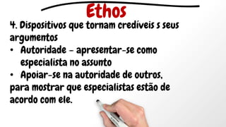 4. Dispositivos que tornam credíveis s seus
argumentos
• Autoridade – apresentar-se como
especialista no assunto
• Apoiar-se na autoridade de outros,
para mostrar que especialistas estão de
acordo com ele.
Ethos
 