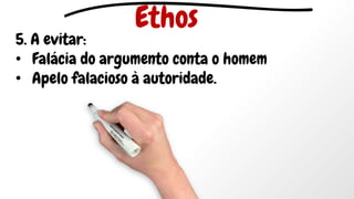 5. A evitar:
• Falácia do argumento conta o homem
• Apelo falacioso à autoridade.
Ethos
 