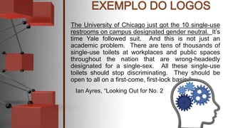 The University of Chicago just got the 10 single-use
restrooms on campus designated gender neutral. It’s
time Yale followed suit. And this is not just an
academic problem. There are tens of thousands of
single-use toilets at workplaces and public spaces
throughout the nation that are wrong-headedly
designated for a single-sex. All these single-use
toilets should stop discriminating. They should be
open to all on a first-come, first-lock basis.”
Ian Ayres, “Looking Out for No. 2
 