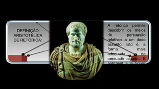 DEFINIÇÃO
ARISTOTÉLICA
DE RETÓRICA:
A retórica permite
descobrir os meios
de persuasão
relativos a um dado
assunto, isto é, a
forma mais
adequada de
persuadir alguém. É
aplicável a qualquer
assunto.
 