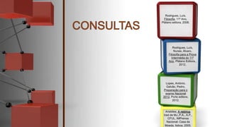 Rodrigues, Luís,
Filosofia, 11º Ano,
Plátano editora, 2008.
Rodrigues, Luís,
Nunes, Álvaro,
Filosofia para a Prova
Intermédia do 11º
Ano, Plátano Editora.,
2012.
Lopes, António.
Galvão, Pedro,
Preparação para o
exame Nacional
2012, Porto editora,
2012.
Aristóles, A retórica,
trad de MJ.,P.A., A.P.,
CFUL, IMPrensa
Nacional- Casa da
Moeda, lisboa, 2005.
 