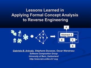 Lessons Learned in
Applying Formal Concept Analysis
to Reverse Engineering
P
P

Abstract Z

Z
C

D

B

B

C
D

Gabriela B. Arévalo, Stéphane Ducasse, Oscar Nierstrasz
Software Composition Group
University of Bern, Switzerland
http://www.iam.unibe.ch/~scg

 