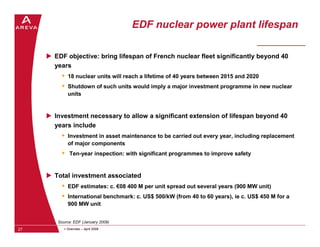 EDF nuclear power plant lifespan

     EDF objective: bring lifespan of French nuclear fleet significantly beyond 40
     ...