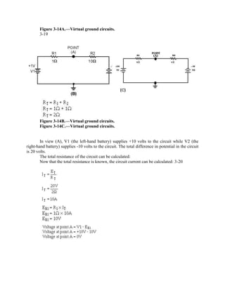 Figure 3-14A.—Virtual ground circuits.
       3-19




       Figure 3-14B.—Virtual ground circuits.
       Figure 3-14C.—Virtual ground circuits.


        In view (A), V1 (the left-hand battery) supplies +10 volts to the circuit while V2 (the
right-hand battery) supplies -10 volts to the circuit. The total difference in potential in the circuit
is 20 volts.
        The total resistance of the circuit can be calculated:
        Now that the total resistance is known, the circuit current can be calculated: 3-20
 