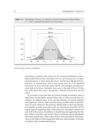 12	

INTERMEDIATE STATISTICS

Figure 1.2  
Percentage of Scores in a Perfectly Normal Distribution Falling Within
1, 2, and 3 Standard Deviations From the Mean

99.8%
95.4%
68.2%
0.4
0.3
0.2

34.1%

0.1
0.1%
0.0

−3α

2.1%

34.1%

13.6%
−2α

−1α

2.1%

13.6%
µ

1α

2α

0.1%

3α

Source: Image courtesy of Wikipedia.

consulting a detailed table based on the normal distribution. Such a
table would tell you that only about 2% of a set of scores are 2.33 standard deviations or more from the mean. And because the normal distribution is symmetrical, half of the scores that are 2.33 standard
deviations or more from the mean will be 2.33 standard deviations or
more below the mean. Amanda’s score was in the half of that 2% that
was well above the mean. Translation: Amanda kicked butt on the
exam.
As you know if you have had any formal training in statistics, there is
much more to descriptive statistics than what we have covered here. For
instance, we skipped many of the specific measures of central tendency
and dispersion, and we didn’t describe all the possible kinds of distributions of scores. However, this overview should make it clear that descriptive statistics provide researchers with an enormously powerful tool for
organizing and simplifying data. At the same time, descriptive statistics are
only half of the picture. In addition to simplifying and organizing the data
they collect, researchers also need to draw conclusions about populations
from their sample data. That is, they need to move beyond the data themselves in the hopes of drawing general inferences about people. To do this,
researchers rely on inferential statistics.

 