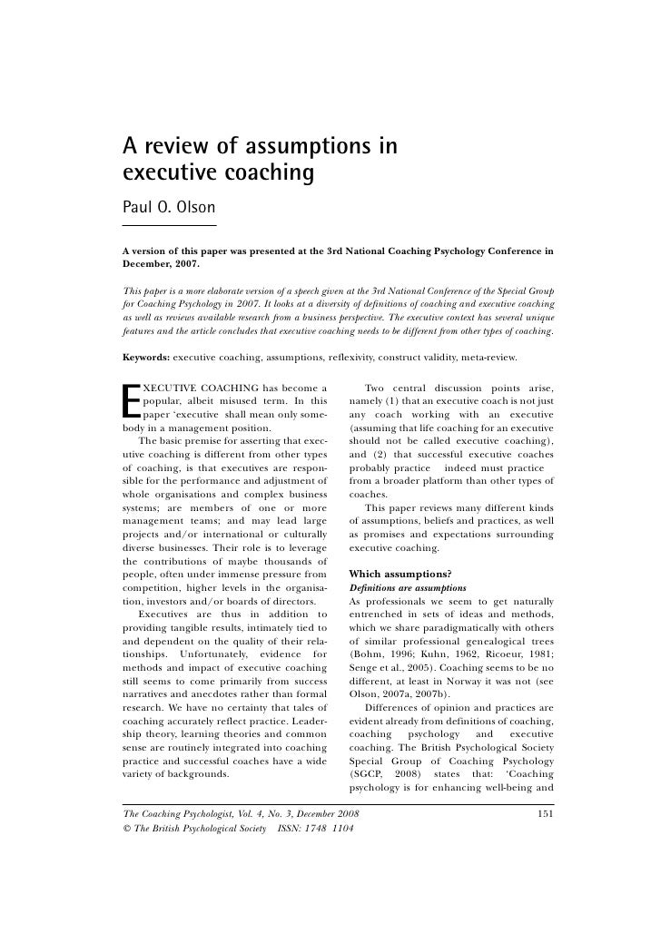A Review Of The Assumptions In Executive Coaching A Review Of The Assumptions In Executive Coaching