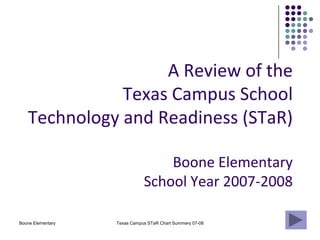Boone Elementary Texas Campus STaR Chart Summery 07-08 A Review of the Texas Campus School Technology and Readiness (STaR) Boone Elementary School Year 2007-2008 