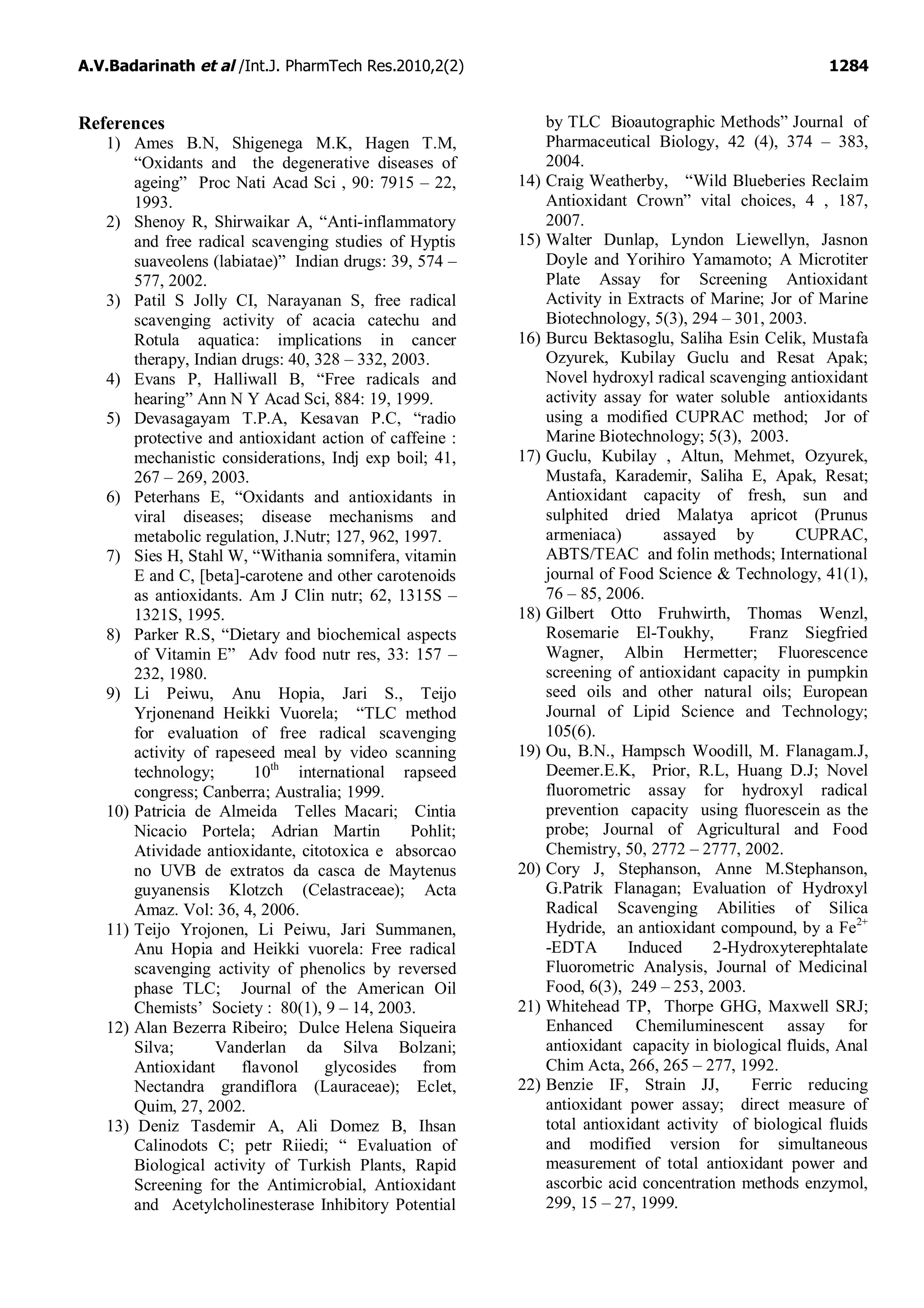 A.V.Badarinath et al /Int.J. PharmTech Res.2010,2(2) 1284
References
1) Ames B.N, Shigenega M.K, Hagen T.M,
“Oxidants and the degenerative diseases of
ageing” Proc Nati Acad Sci , 90: 7915 – 22,
1993.
2) Shenoy R, Shirwaikar A, “Anti-inflammatory
and free radical scavenging studies of Hyptis
suaveolens (labiatae)” Indian drugs: 39, 574 –
577, 2002.
3) Patil S Jolly CI, Narayanan S, free radical
scavenging activity of acacia catechu and
Rotula aquatica: implications in cancer
therapy, Indian drugs: 40, 328 – 332, 2003.
4) Evans P, Halliwall B, “Free radicals and
hearing” Ann N Y Acad Sci, 884: 19, 1999.
5) Devasagayam T.P.A, Kesavan P.C, “radio
protective and antioxidant action of caffeine :
mechanistic considerations, Indj exp boil; 41,
267 – 269, 2003.
6) Peterhans E, “Oxidants and antioxidants in
viral diseases; disease mechanisms and
metabolic regulation, J.Nutr; 127, 962, 1997.
7) Sies H, Stahl W, “Withania somnifera, vitamin
E and C, [beta]-carotene and other carotenoids
as antioxidants. Am J Clin nutr; 62, 1315S –
1321S, 1995.
8) Parker R.S, “Dietary and biochemical aspects
of Vitamin E” Adv food nutr res, 33: 157 –
232, 1980.
9) Li Peiwu, Anu Hopia, Jari S., Teijo
Yrjonenand Heikki Vuorela; “TLC method
for evaluation of free radical scavenging
activity of rapeseed meal by video scanning
technology; 10th
international rapseed
congress; Canberra; Australia; 1999.
10) Patricia de Almeida Telles Macari; Cintia
Nicacio Portela; Adrian Martin Pohlit;
Atividade antioxidante, citotoxica e absorcao
no UVB de extratos da casca de Maytenus
guyanensis Klotzch (Celastraceae); Acta
Amaz. Vol: 36, 4, 2006.
11) Teijo Yrojonen, Li Peiwu, Jari Summanen,
Anu Hopia and Heikki vuorela: Free radical
scavenging activity of phenolics by reversed
phase TLC; Journal of the American Oil
Chemists’ Society : 80(1), 9 – 14, 2003.
12) Alan Bezerra Ribeiro; Dulce Helena Siqueira
Silva; Vanderlan da Silva Bolzani;
Antioxidant flavonol glycosides from
Nectandra grandiflora (Lauraceae); Eclet,
Quim, 27, 2002.
13) Deniz Tasdemir A, Ali Domez B, Ihsan
Calinodots C; petr Riiedi; “ Evaluation of
Biological activity of Turkish Plants, Rapid
Screening for the Antimicrobial, Antioxidant
and Acetylcholinesterase Inhibitory Potential
by TLC Bioautographic Methods” Journal of
Pharmaceutical Biology, 42 (4), 374 – 383,
2004.
14) Craig Weatherby, “Wild Blueberies Reclaim
Antioxidant Crown” vital choices, 4 , 187,
2007.
15) Walter Dunlap, Lyndon Liewellyn, Jasnon
Doyle and Yorihiro Yamamoto; A Microtiter
Plate Assay for Screening Antioxidant
Activity in Extracts of Marine; Jor of Marine
Biotechnology, 5(3), 294 – 301, 2003.
16) Burcu Bektasoglu, Saliha Esin Celik, Mustafa
Ozyurek, Kubilay Guclu and Resat Apak;
Novel hydroxyl radical scavenging antioxidant
activity assay for water soluble antioxidants
using a modified CUPRAC method; Jor of
Marine Biotechnology; 5(3), 2003.
17) Guclu, Kubilay , Altun, Mehmet, Ozyurek,
Mustafa, Karademir, Saliha E, Apak, Resat;
Antioxidant capacity of fresh, sun and
sulphited dried Malatya apricot (Prunus
armeniaca) assayed by CUPRAC,
ABTS/TEAC and folin methods; International
journal of Food Science & Technology, 41(1),
76 – 85, 2006.
18) Gilbert Otto Fruhwirth, Thomas Wenzl,
Rosemarie El-Toukhy, Franz Siegfried
Wagner, Albin Hermetter; Fluorescence
screening of antioxidant capacity in pumpkin
seed oils and other natural oils; European
Journal of Lipid Science and Technology;
105(6).
19) Ou, B.N., Hampsch Woodill, M. Flanagam.J,
Deemer.E.K, Prior, R.L, Huang D.J; Novel
fluorometric assay for hydroxyl radical
prevention capacity using fluorescein as the
probe; Journal of Agricultural and Food
Chemistry, 50, 2772 – 2777, 2002.
20) Cory J, Stephanson, Anne M.Stephanson,
G.Patrik Flanagan; Evaluation of Hydroxyl
Radical Scavenging Abilities of Silica
Hydride, an antioxidant compound, by a Fe2+
-EDTA Induced 2-Hydroxyterephtalate
Fluorometric Analysis, Journal of Medicinal
Food, 6(3), 249 – 253, 2003.
21) Whitehead TP, Thorpe GHG, Maxwell SRJ;
Enhanced Chemiluminescent assay for
antioxidant capacity in biological fluids, Anal
Chim Acta, 266, 265 – 277, 1992.
22) Benzie IF, Strain JJ, Ferric reducing
antioxidant power assay; direct measure of
total antioxidant activity of biological fluids
and modified version for simultaneous
measurement of total antioxidant power and
ascorbic acid concentration methods enzymol,
299, 15 – 27, 1999.
 