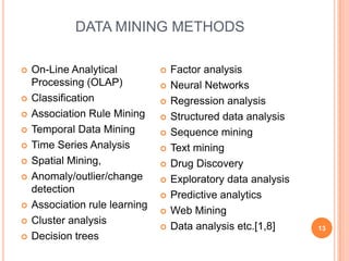 DATA MINING METHODS

   On-Line Analytical             Factor analysis
    Processing (OLAP)              Neural Networks
   Classification                 Regression analysis
   Association Rule Mining        Structured data analysis
   Temporal Data Mining           Sequence mining
   Time Series Analysis           Text mining
   Spatial Mining,                Drug Discovery
   Anomaly/outlier/change         Exploratory data analysis
    detection
                                   Predictive analytics
   Association rule learning
                                   Web Mining
   Cluster analysis
                                   Data analysis etc.[1,8]     13
   Decision trees
 