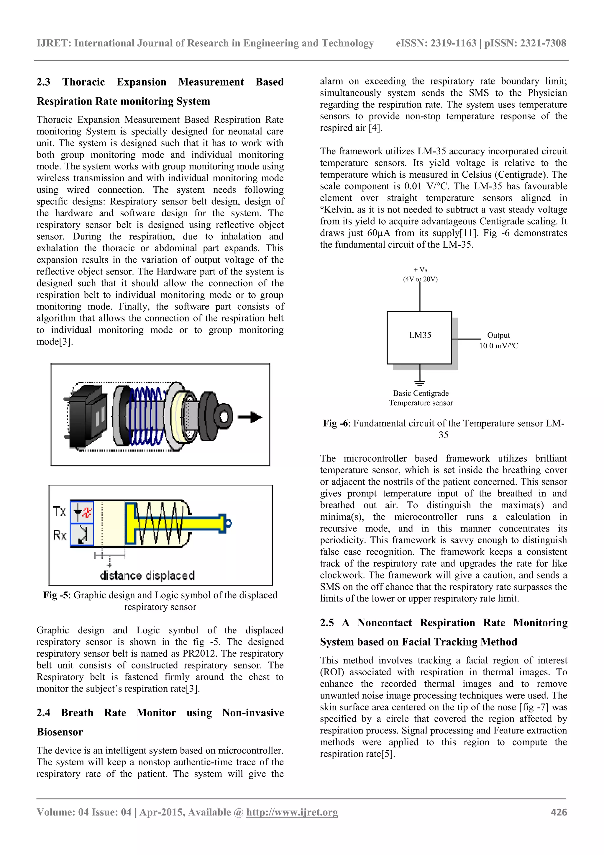 IJRET: International Journal of Research in Engineering and Technology eISSN: 2319-1163 | pISSN: 2321-7308
_______________________________________________________________________________________
Volume: 04 Issue: 04 | Apr-2015, Available @ http://www.ijret.org 426
2.3 Thoracic Expansion Measurement Based
Respiration Rate monitoring System
Thoracic Expansion Measurement Based Respiration Rate
monitoring System is specially designed for neonatal care
unit. The system is designed such that it has to work with
both group monitoring mode and individual monitoring
mode. The system works with group monitoring mode using
wireless transmission and with individual monitoring mode
using wired connection. The system needs following
specific designs: Respiratory sensor belt design, design of
the hardware and software design for the system. The
respiratory sensor belt is designed using reflective object
sensor. During the respiration, due to inhalation and
exhalation the thoracic or abdominal part expands. This
expansion results in the variation of output voltage of the
reflective object sensor. The Hardware part of the system is
designed such that it should allow the connection of the
respiration belt to individual monitoring mode or to group
monitoring mode. Finally, the software part consists of
algorithm that allows the connection of the respiration belt
to individual monitoring mode or to group monitoring
mode[3].
Fig -5: Graphic design and Logic symbol of the displaced
respiratory sensor
Graphic design and Logic symbol of the displaced
respiratory sensor is shown in the fig -5. The designed
respiratory sensor belt is named as PR2012. The respiratory
belt unit consists of constructed respiratory sensor. The
Respiratory belt is fastened firmly around the chest to
monitor the subject’s respiration rate[3].
2.4 Breath Rate Monitor using Non-invasive
Biosensor
The device is an intelligent system based on microcontroller.
The system will keep a nonstop authentic-time trace of the
respiratory rate of the patient. The system will give the
alarm on exceeding the respiratory rate boundary limit;
simultaneously system sends the SMS to the Physician
regarding the respiration rate. The system uses temperature
sensors to provide non-stop temperature response of the
respired air [4].
The framework utilizes LM-35 accuracy incorporated circuit
temperature sensors. Its yield voltage is relative to the
temperature which is measured in Celsius (Centigrade). The
scale component is 0.01 V/°C. The LM-35 has favourable
element over straight temperature sensors aligned in
°Kelvin, as it is not needed to subtract a vast steady voltage
from its yield to acquire advantageous Centigrade scaling. It
draws just 60µA from its supply[11]. Fig -6 demonstrates
the fundamental circuit of the LM-35.
Fig -6: Fundamental circuit of the Temperature sensor LM-
35
The microcontroller based framework utilizes brilliant
temperature sensor, which is set inside the breathing cover
or adjacent the nostrils of the patient concerned. This sensor
gives prompt temperature input of the breathed in and
breathed out air. To distinguish the maxima(s) and
minima(s), the microcontroller runs a calculation in
recursive mode, and in this manner concentrates its
periodicity. This framework is savvy enough to distinguish
false case recognition. The framework keeps a consistent
track of the respiratory rate and upgrades the rate for like
clockwork. The framework will give a caution, and sends a
SMS on the off chance that the respiratory rate surpasses the
limits of the lower or upper respiratory rate limit.
2.5 A Noncontact Respiration Rate Monitoring
System based on Facial Tracking Method
This method involves tracking a facial region of interest
(ROI) associated with respiration in thermal images. To
enhance the recorded thermal images and to remove
unwanted noise image processing techniques were used. The
skin surface area centered on the tip of the nose [fig -7] was
specified by a circle that covered the region affected by
respiration process. Signal processing and Feature extraction
methods were applied to this region to compute the
respiration rate[5].
Output
10.0 mV/°C
Basic Centigrade
Temperature sensor
+ Vs
(4V to 20V)
LM35
 
