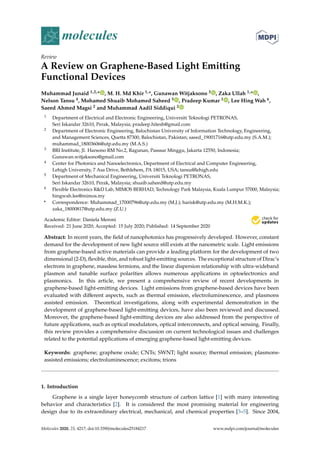 molecules
Review
A Review on Graphene-Based Light Emitting
Functional Devices
Muhammad Junaid 1,2,* , M. H. Md Khir 1,*, Gunawan Witjaksono 3 , Zaka Ullah 1,* ,
Nelson Tansu 4, Mohamed Shuaib Mohamed Saheed 5 , Pradeep Kumar 1 , Lee Hing Wah 6,
Saeed Ahmed Magsi 2 and Muhammad Aadil Siddiqui 2
1 Department of Electrical and Electronic Engineering, Universiti Teknologi PETRONAS,
Seri Iskandar 32610, Perak, Malaysia; pradeep.hitesh@gmail.com
2 Department of Electronic Engineering, Balochistan University of Information Technology, Engineering,
and Management Sciences, Quetta 87300, Balochistan, Pakistan; saeed_19001716@utp.edu.my (S.A.M.);
muhammad_18003606@utp.edu.my (M.A.S.)
3 BRI Institute, Jl. Harsono RM No.2, Ragunan, Passsar Minggu, Jakarta 12550, Indonesia;
Gunawan.witjaksono@gmail.com
4 Center for Photonics and Nanoelectronics, Department of Electrical and Computer Engineering,
Lehigh University, 7 Asa Drive, Bethlehem, PA 18015, USA; tansu@lehigh.edu
5 Department of Mechanical Engineering, Universiti Teknologi PETRONAS,
Seri Iskandar 32610, Perak, Malaysia; shuaib.saheed@utp.edu.my
6 Flexible Electronics R&D Lab, MIMOS BERHAD, Technology Park Malaysia, Kuala Lumpur 57000, Malaysia;
hingwah.lee@mimos.my
* Correspondence: Muhammad_17000796@utp.edu.my (M.J.); harisk@utp.edu.my (M.H.M.K.);
zaka_18000817@utp.edu.my (Z.U.)
Academic Editor: Daniela Meroni
Received: 21 June 2020; Accepted: 15 July 2020; Published: 14 September 2020


Abstract: In recent years, the field of nanophotonics has progressively developed. However, constant
demand for the development of new light source still exists at the nanometric scale. Light emissions
from graphene-based active materials can provide a leading platform for the development of two
dimensional (2-D), flexible, thin, and robust light-emitting sources. The exceptional structure of Dirac’s
electrons in graphene, massless fermions, and the linear dispersion relationship with ultra-wideband
plasmon and tunable surface polarities allows numerous applications in optoelectronics and
plasmonics. In this article, we present a comprehensive review of recent developments in
graphene-based light-emitting devices. Light emissions from graphene-based devices have been
evaluated with different aspects, such as thermal emission, electroluminescence, and plasmons
assisted emission. Theoretical investigations, along with experimental demonstration in the
development of graphene-based light-emitting devices, have also been reviewed and discussed.
Moreover, the graphene-based light-emitting devices are also addressed from the perspective of
future applications, such as optical modulators, optical interconnects, and optical sensing. Finally,
this review provides a comprehensive discussion on current technological issues and challenges
related to the potential applications of emerging graphene-based light-emitting devices.
Keywords: graphene; graphene oxide; CNTs; SWNT; light source; thermal emission; plasmons-
assisted emissions; electroluminescence; excitons; trions
1. Introduction
Graphene is a single layer honeycomb structure of carbon lattice [1] with many interesting
behavior and characteristics [2]. It is considered the most promising material for engineering
design due to its extraordinary electrical, mechanical, and chemical properties [3–5]. Since 2004,
Molecules 2020, 25, 4217; doi:10.3390/molecules25184217 www.mdpi.com/journal/molecules
 